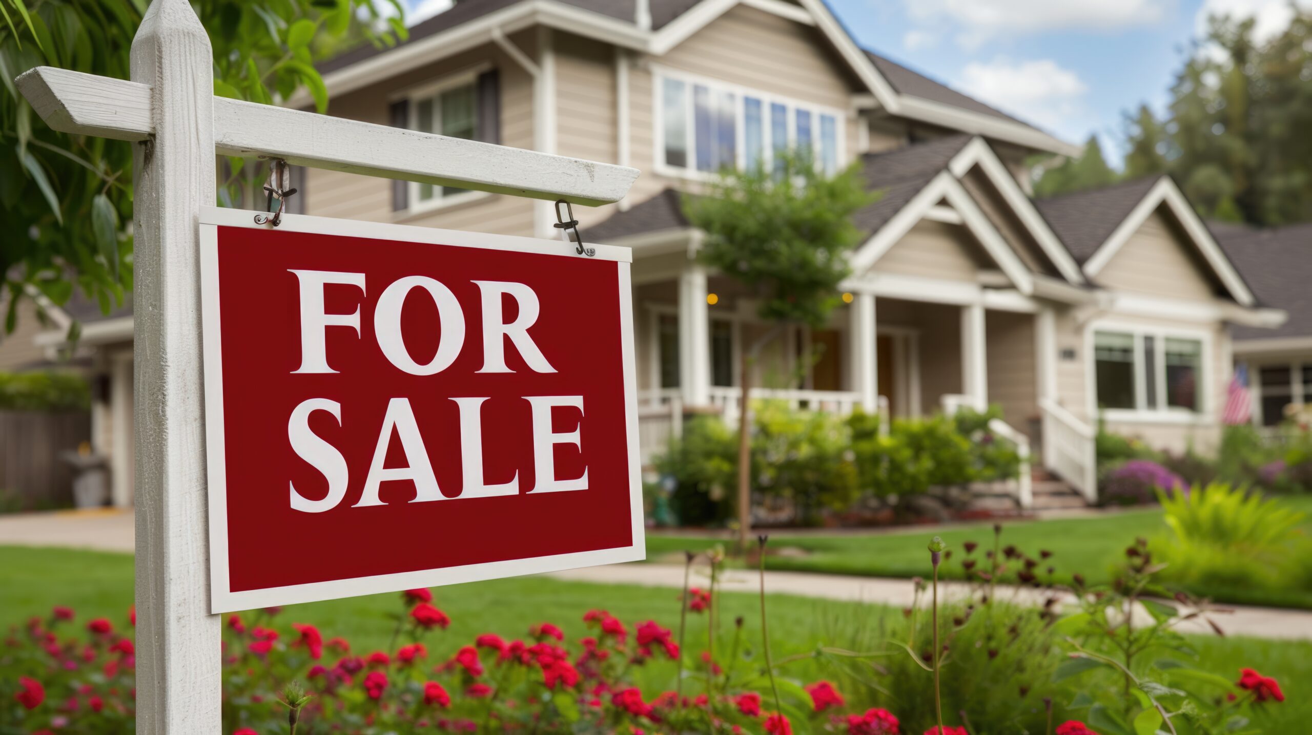 House for sale sign in front yard representing selling without agent